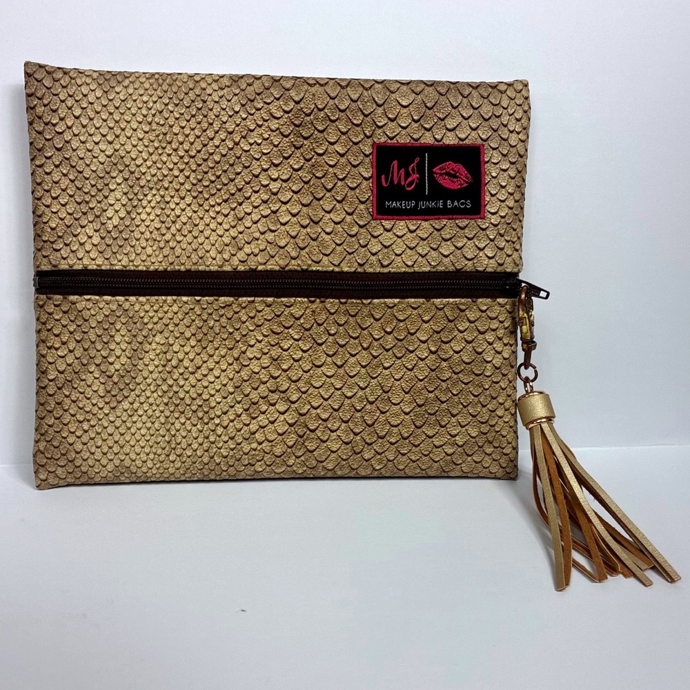 Makeup Junkie Bag Cosmetic Pouch Gold Snakeskin Tassel Zipper‎ Clutch Glam